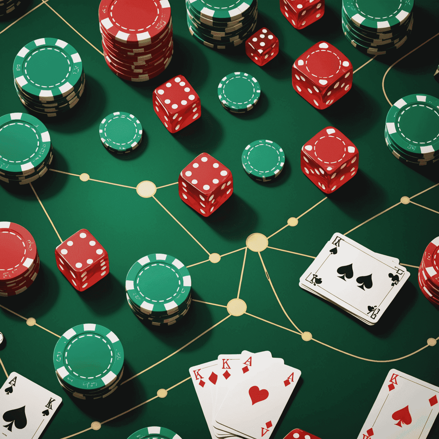 Illustration of casino chips, dice, and playing cards arranged in a strategic pattern, with glowing lines connecting them to represent winning strategies