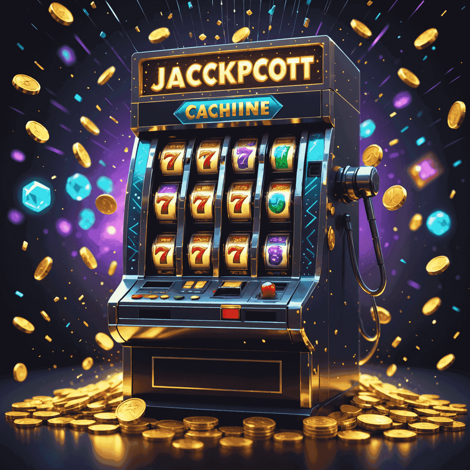 Low-poly illustration of a slot machine with glowing symbols and a shower of coins, representing jackpot strategies in a cosmic casino setting