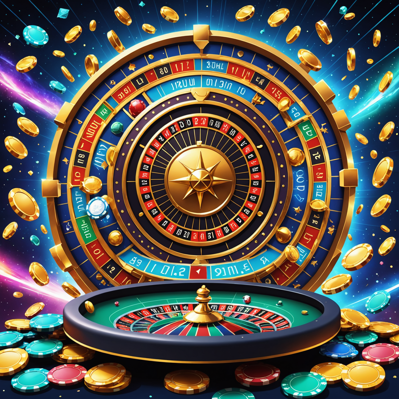 A vibrant illustration showcasing various casino games like slot machines, roulette wheels, and card tables, with animated jackpot symbols and coins raining down. The image should have a cosmic theme with stars and galaxies in the background, reflecting the space-inspired design of the website.