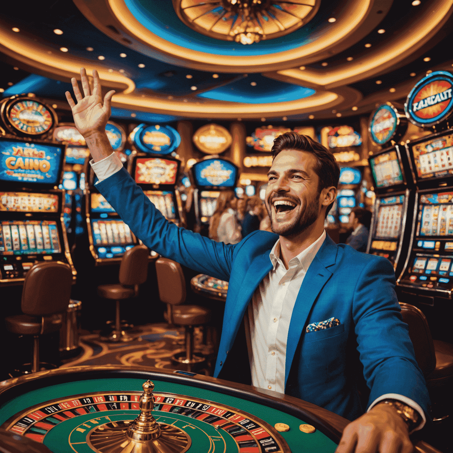 A jubilant player celebrating their big win in the virtual casino, arms raised in triumph against a backdrop of colorful slot machines and floating digital coins