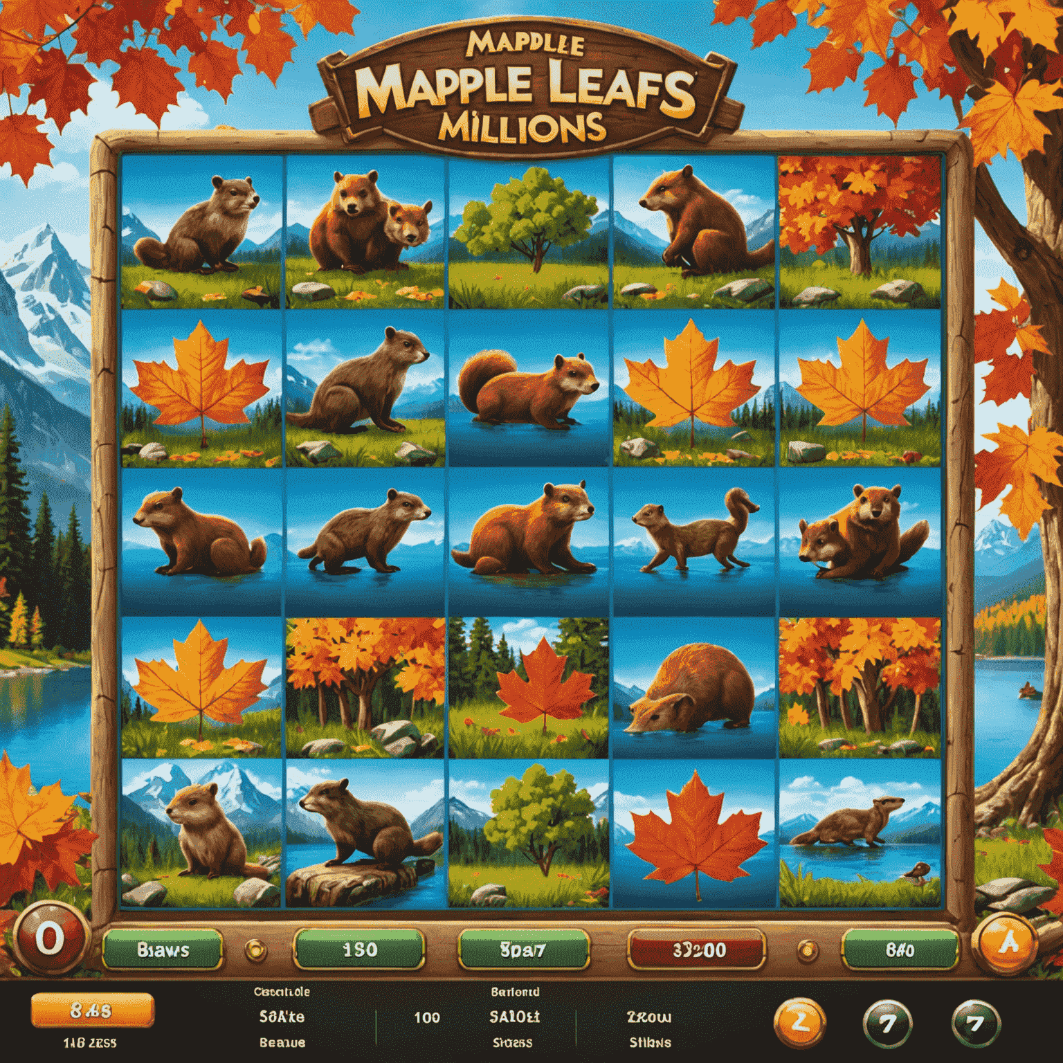 Screenshot of Maple Leaf Millions slot game featuring a vibrant Canadian landscape with maple leaves, beavers, and a grand jackpot display