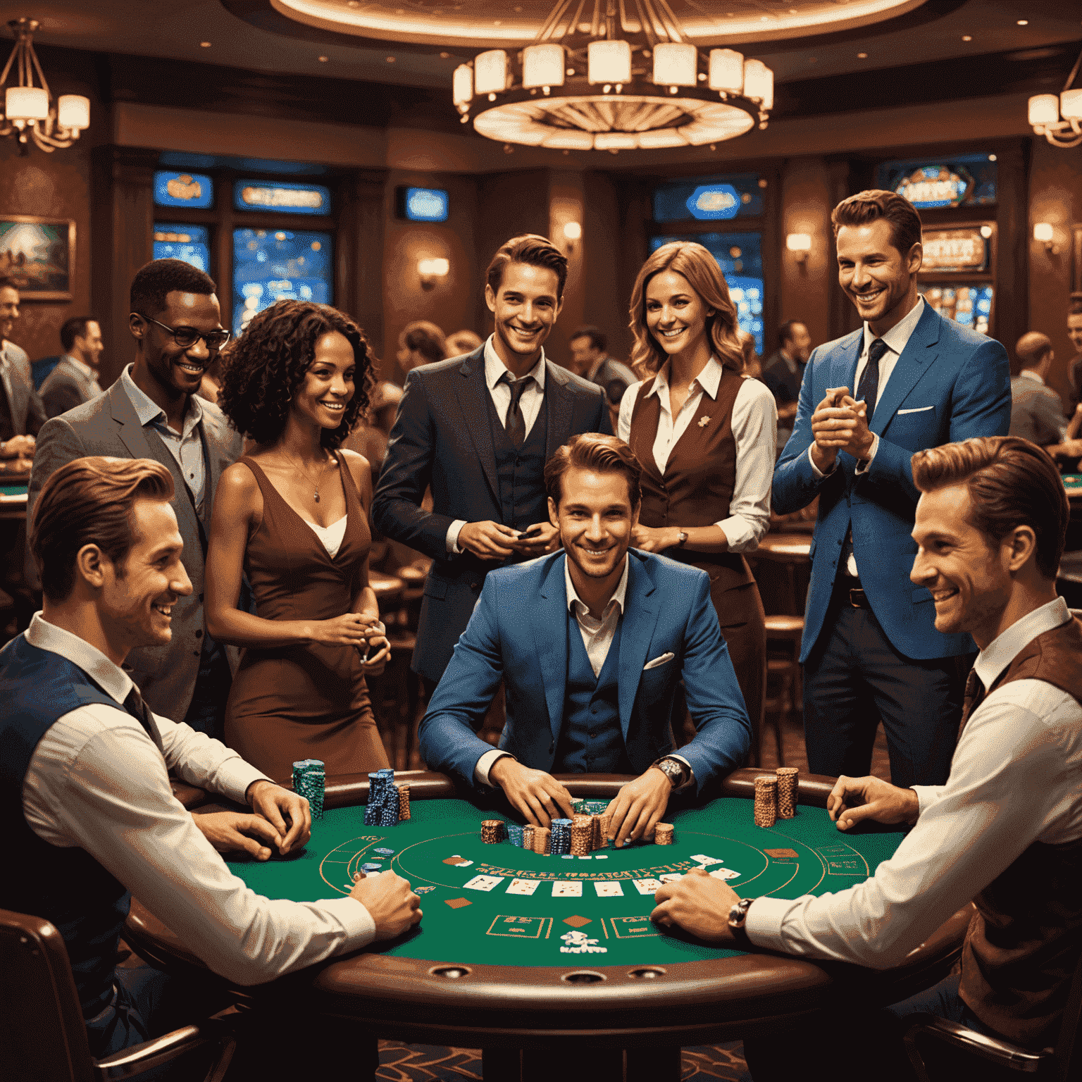 A diverse group of animated characters representing players in a social casino, interacting positively around a virtual poker table. The image showcases friendly gestures, chat bubbles with positive messages, and a warm, inviting atmosphere that emphasizes community and respectful gameplay.