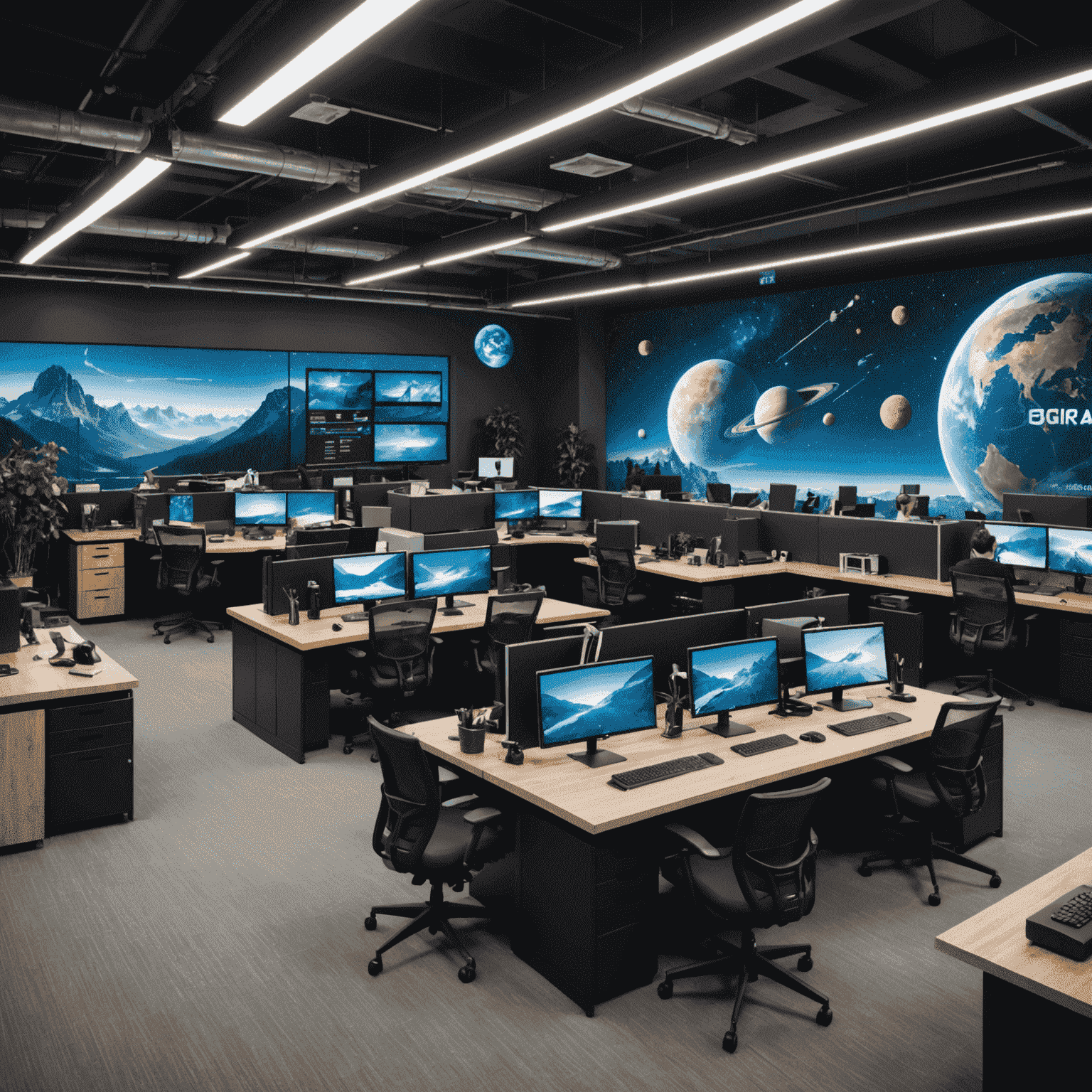 Panoramic view of HotJackpotZone's Canadian office, showcasing an open-plan workspace with space-themed decor, gaming stations, and a team of diverse professionals collaborating