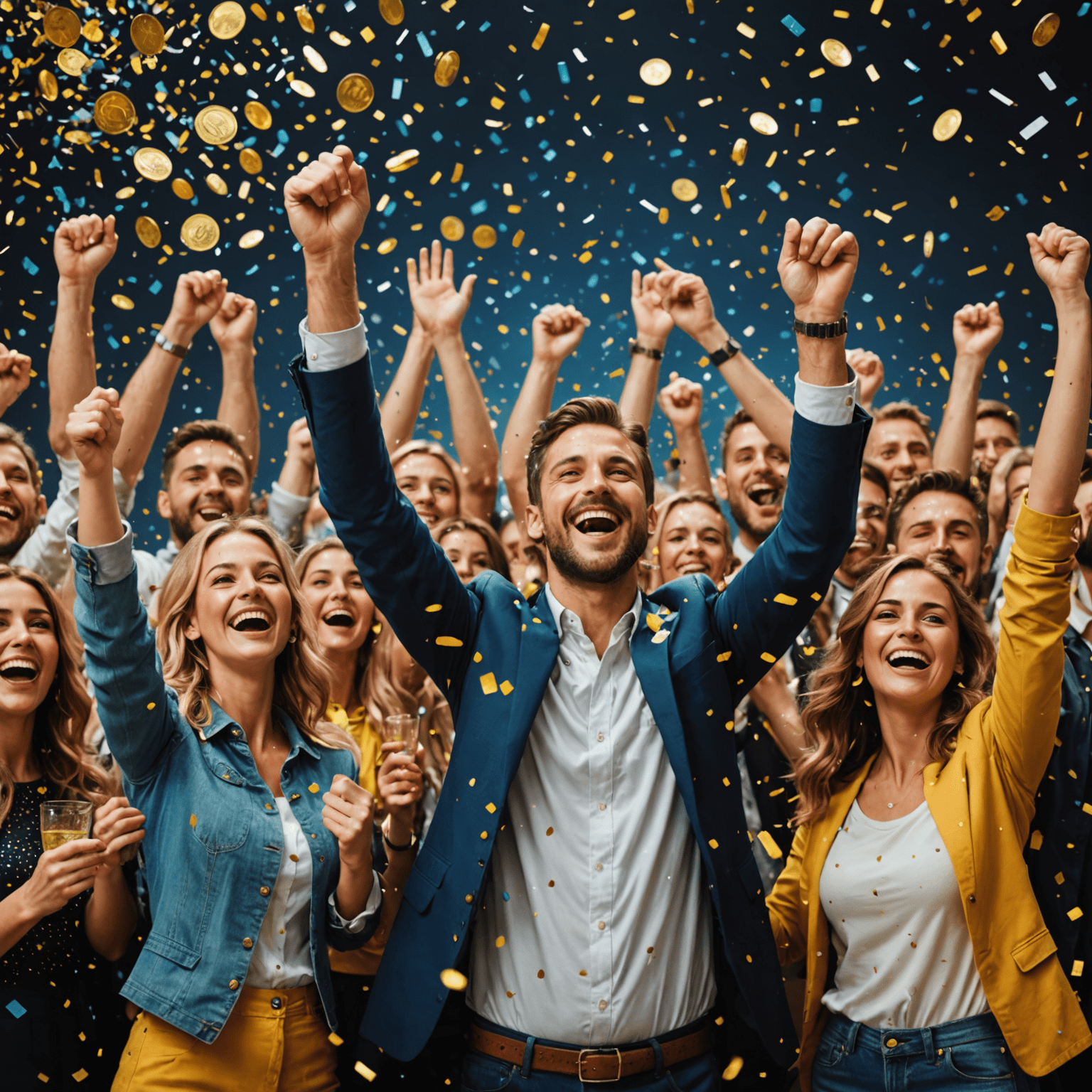 Collage of happy people celebrating their wins, with confetti and virtual coins raining down, representing the community of big winners in the social casino