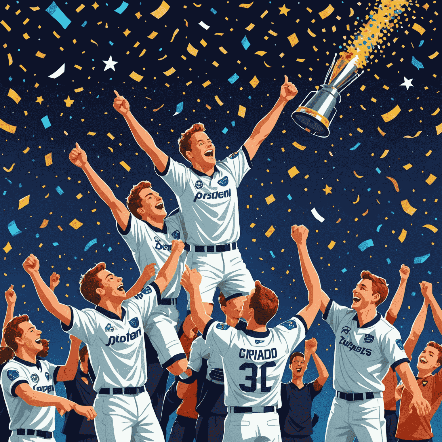 Vector illustration of happy players celebrating their wins, with space-themed confetti and starry backgrounds