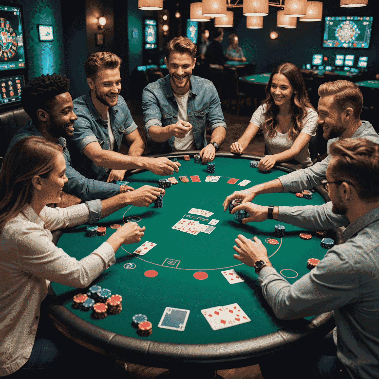 A group of diverse friends cheering and high-fiving around a virtual poker table, with holographic chips and cards floating around them