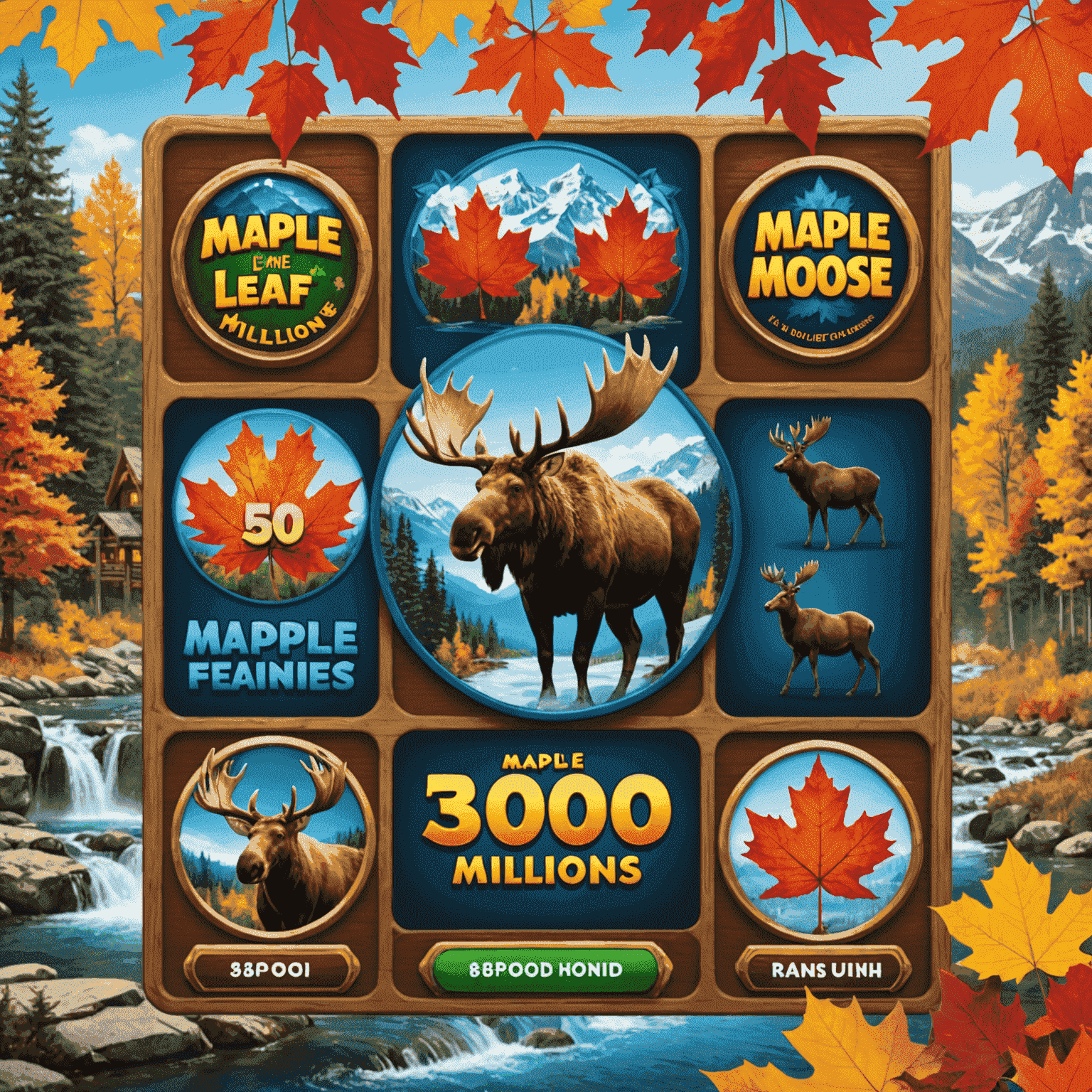 Collage of Maple Leaf Millions bonus features, including the Wild Moose expansion, Loon free spins, and Tap the Maple bonus game