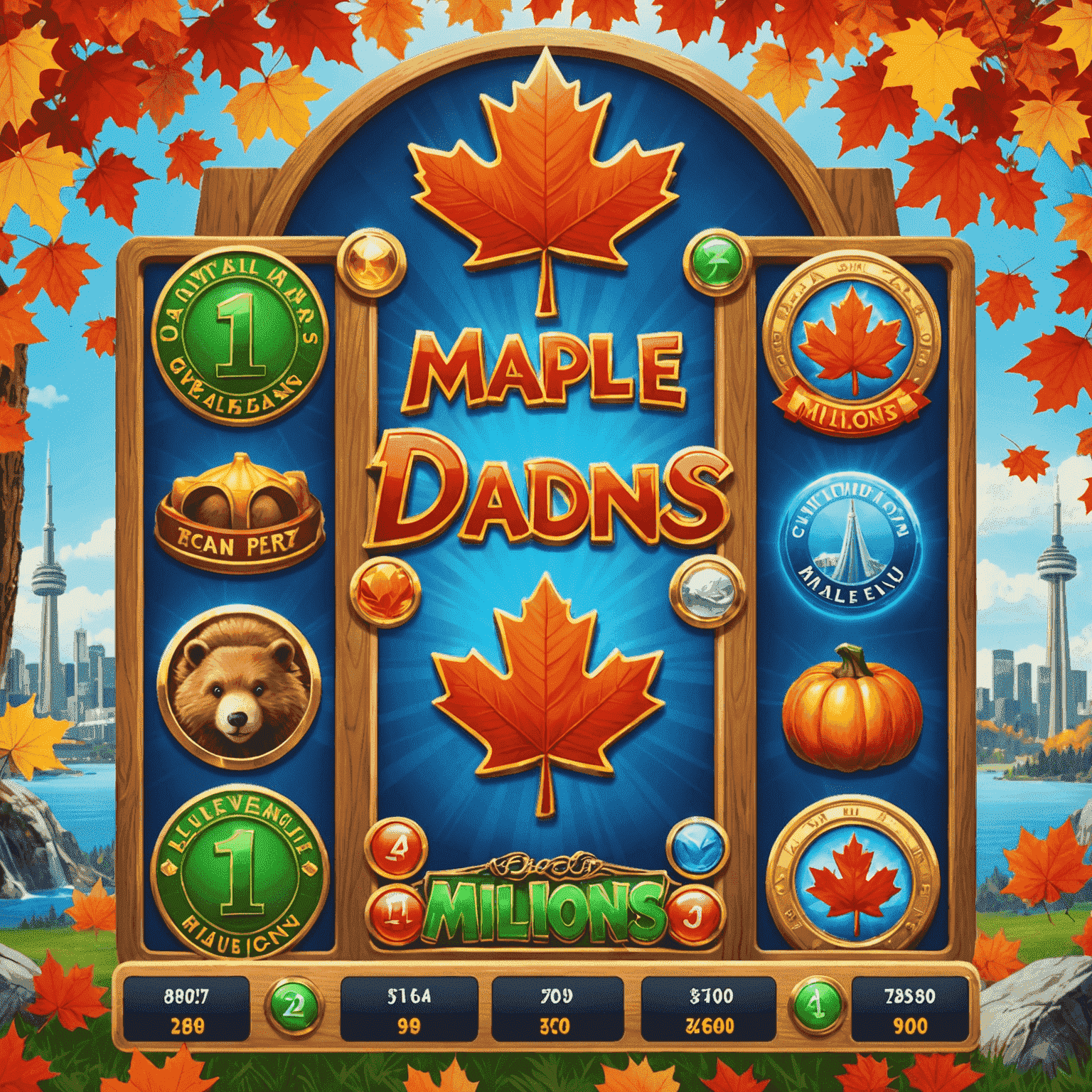 Screenshot of the new Maple Leaf Millions slot game, featuring Canadian symbols like maple leaves, beavers, and the CN Tower, with vibrant colors and exciting bonus round icons