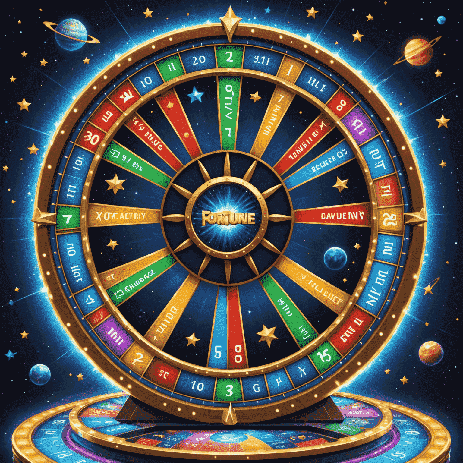 A player spinning a large, glowing virtual wheel of fortune, with stars and planets orbiting around as it spins