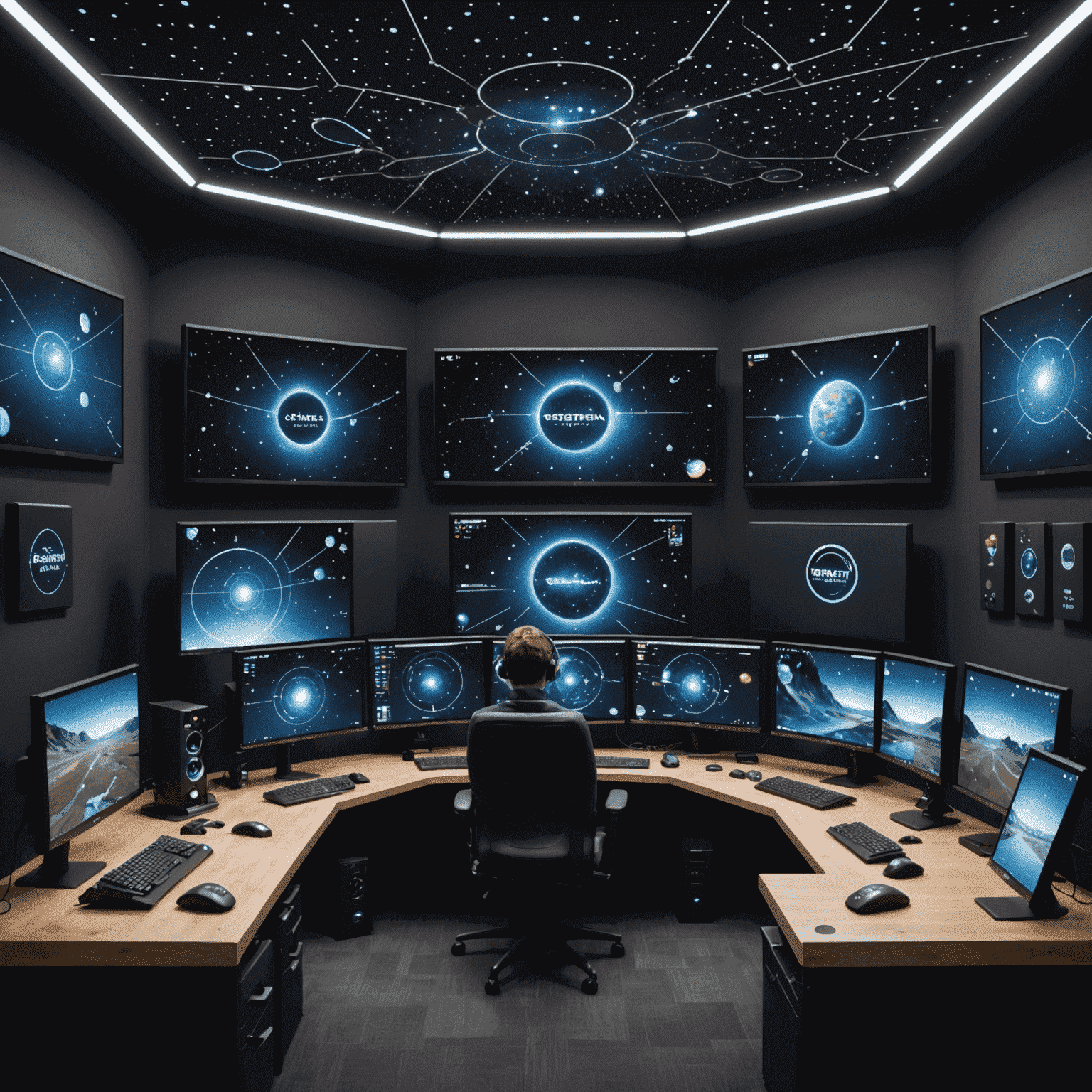 Game testing area with multiple monitors and gaming setups, decorated with constellation patterns and planet models