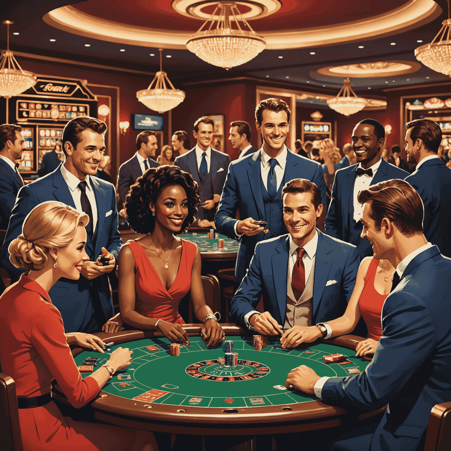 Vector illustration of diverse players interacting positively at virtual casino tables, with speech bubbles containing etiquette tips