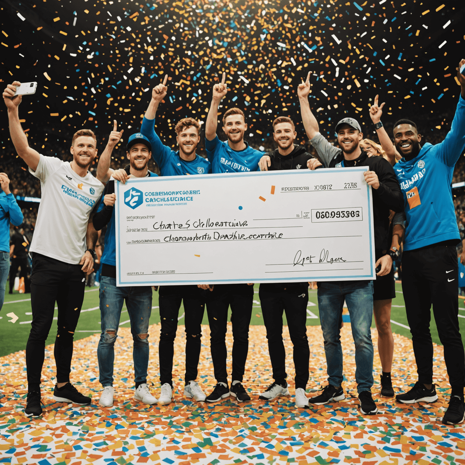 A group of players posing with a giant virtual check, representing a large donation to a charity, with confetti and celebratory effects around them