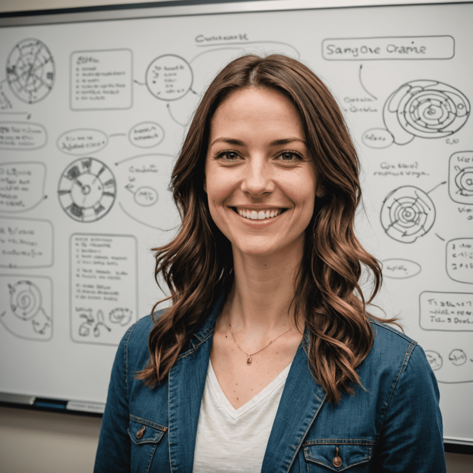 Portrait of Sarah, Lead Game Developer, smiling in front of a whiteboard filled with game design sketches