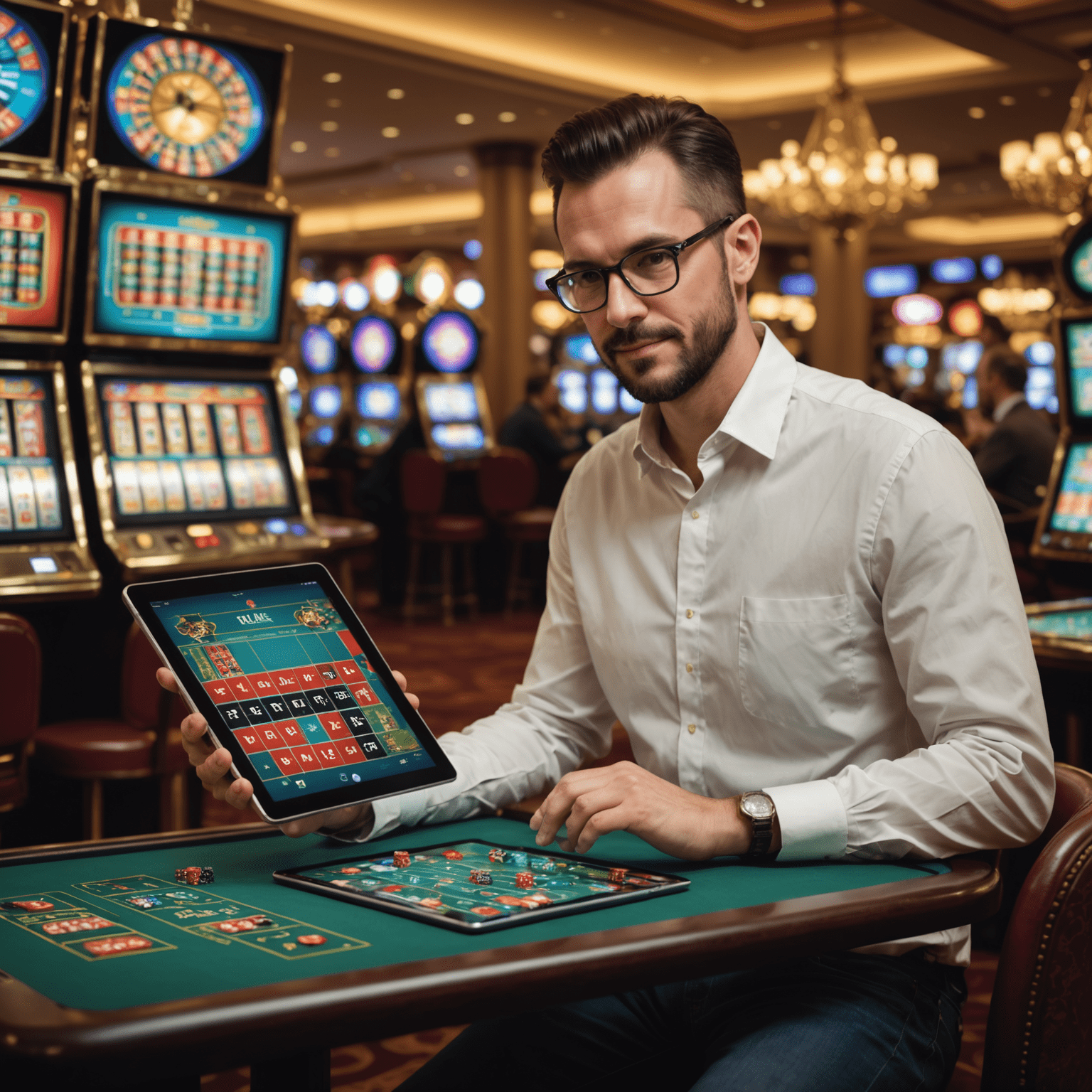 Portrait of Mike, UX Designer, working on a tablet with social casino interface mockups