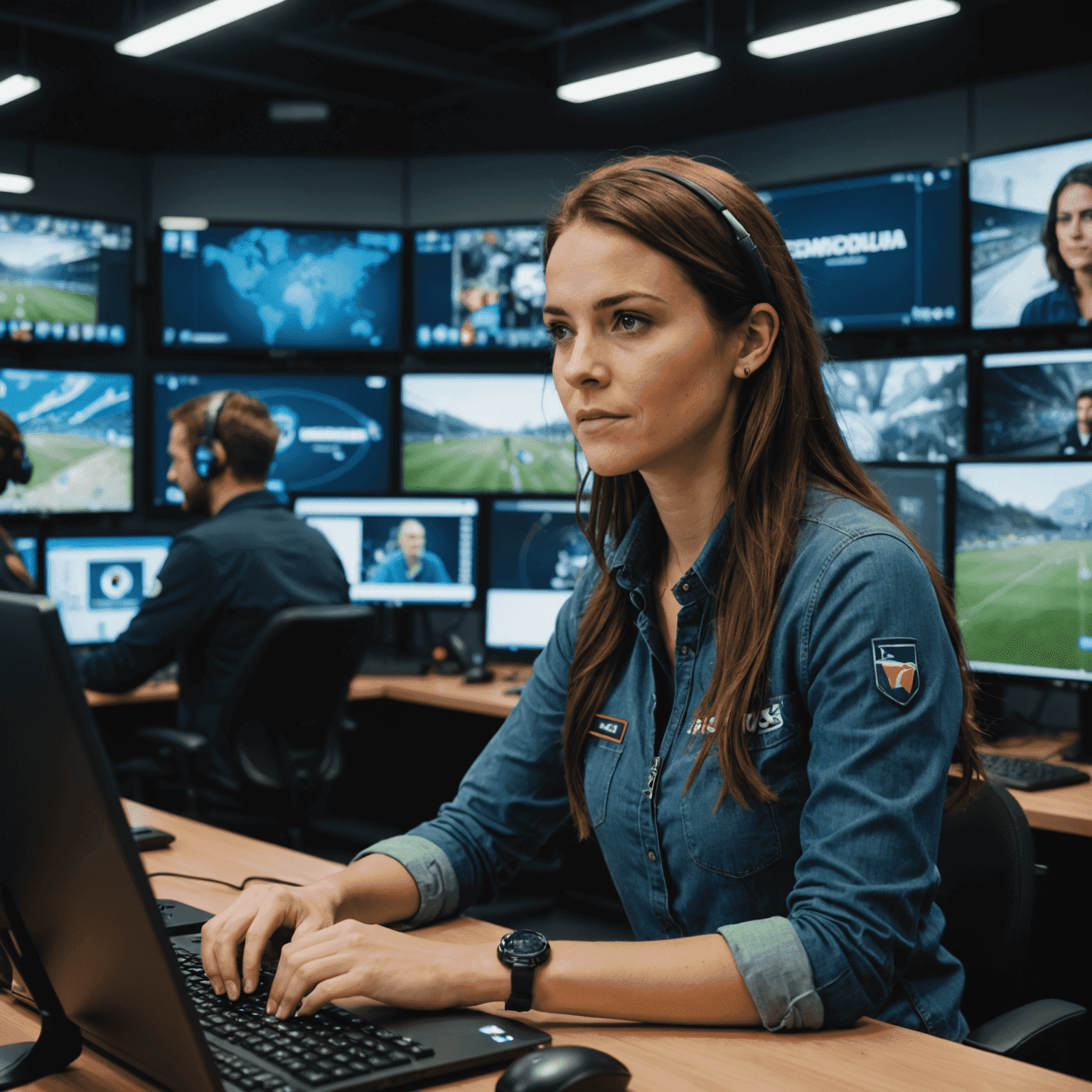 Portrait of Elena, Community Manager, engaging with players on multiple screens in a social media command center