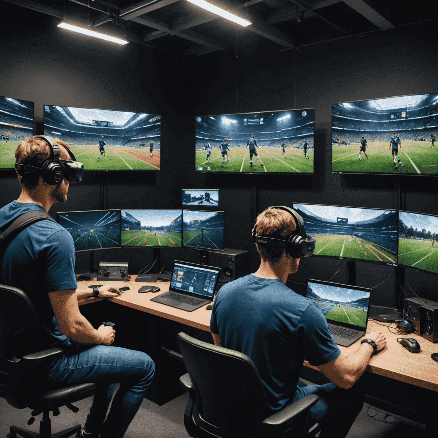 Team members engaged in a virtual community event, interacting with players through large screens and VR setups